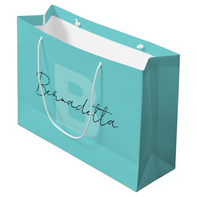 Pastel Teal | Elegant Handwritten Name Script Large Gift Bag (Front Angled)