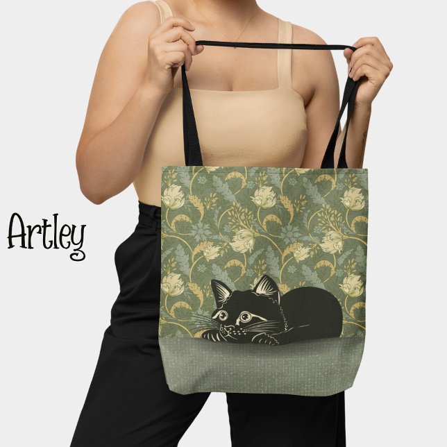 Pastel Teal Floral Art Nouveau Cute Black Cat Tote Bag (Creator Uploaded)