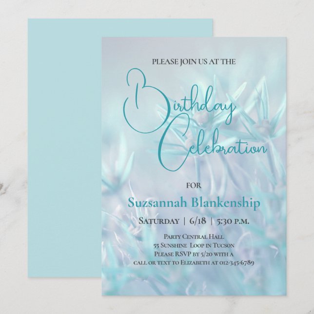 Pastel Teal Floral Background Birthday Party Invitation (Front/Back)