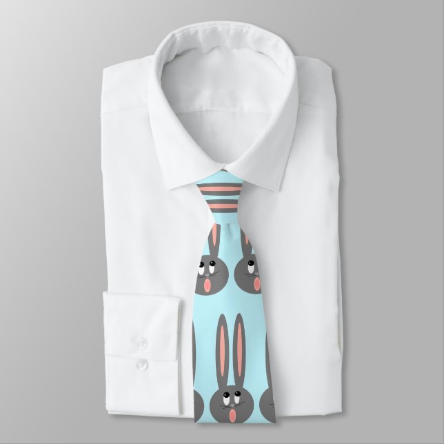 Pastel Teal Grey Easter Bunny Pattern Mens Tie (Tied)