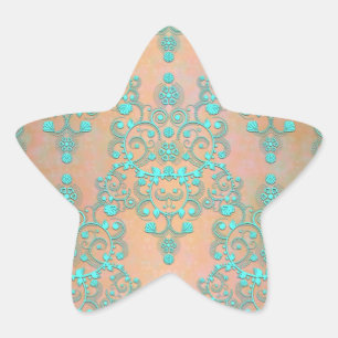 Pastel Teal over Peachy Gold Fancy Damask Star Sticker