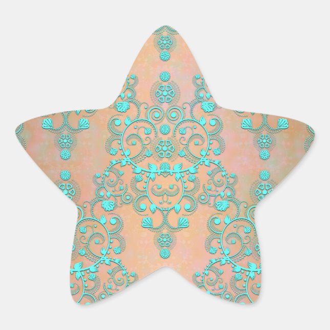 Pastel Teal over Peachy Gold Fancy Damask Star Sticker (Front)