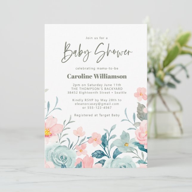 Pastel Teal Pink Floral Cute Script Baby Shower Invitation (Standing Front)