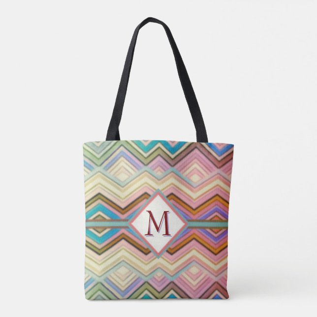 Pastel Teal & Pink Multi Zig Zag Stripes Tote Bag (Back)