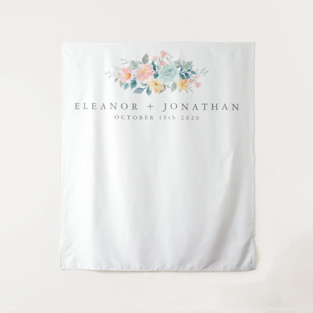 Pastel Teal Pink Watercolor Floral Custom Wedding  Tapestry (Front)