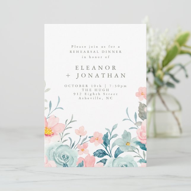 Pastel Teal Pink Watercolor Floral Rehearsal  Invitation (Standing Front)