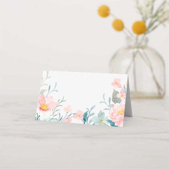 Pastel Teal Pink Watercolor Floral Wedding  Place Card (Front)