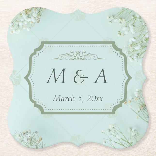 Pastel Teal White Flowers Wedding Paper Coaster (Front)