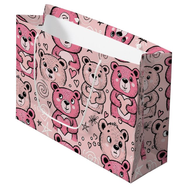 Pastel Teddy Bear Heart Pattern Large Gift Bag (Front Angled)