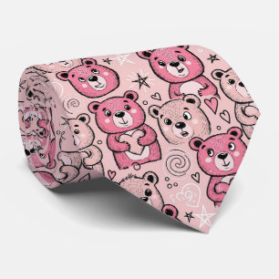 Pastel Teddy Bear Heart Pattern Tie