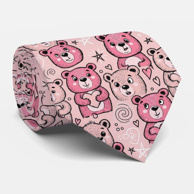 Pastel Teddy Bear Heart Pattern Tie (Rolled)