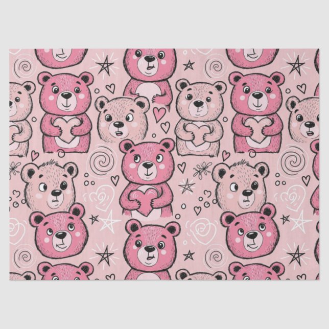 Pastel Teddy Bear Heart Pattern Tissue Paper (Front)