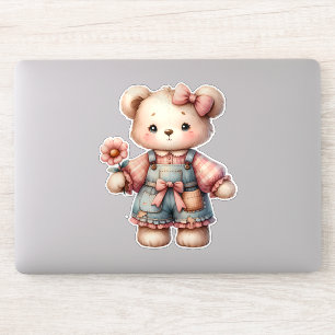 Pastel Teddy Bear Holding Flower Wearing Overalls