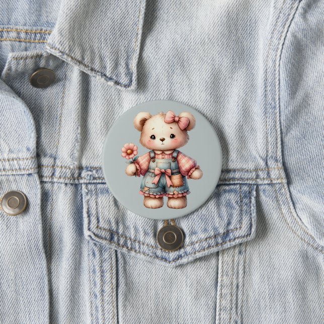 Pastel Teddy Bear Holding Flower Wearing Overalls 7.5 Cm Round Badge (In Situ)