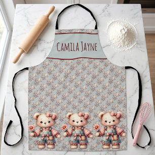 Pastel Teddy Bear Holding Flower Wearing Overalls Apron
