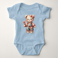 Pastel Teddy Bear Holding Flower Wearing Overalls