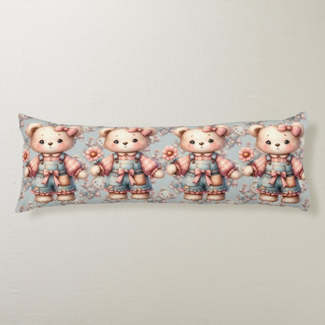 Pastel Teddy Bear Holding Flower Wearing Overalls Body Cushion (Front)