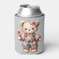 Pastel Teddy Bear Holding Flower Wearing Overalls