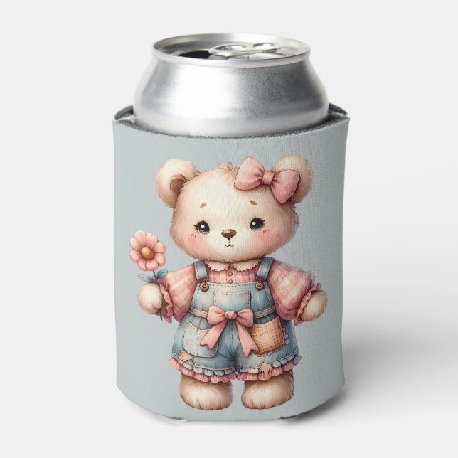 Pastel Teddy Bear Holding Flower Wearing Overalls Can Cooler (Can Front)
