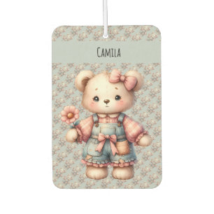 Pastel Teddy Bear Holding Flower Wearing Overalls Car Air Freshener