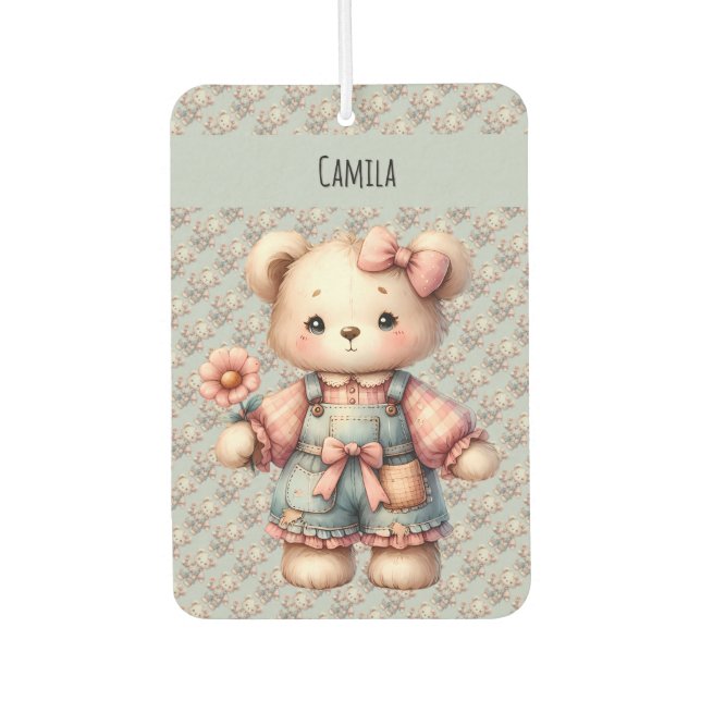 Pastel Teddy Bear Holding Flower Wearing Overalls Car Air Freshener (Front)