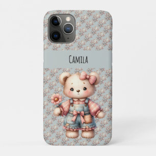Pastel Teddy Bear Holding Flower Wearing Overalls iPhone 11 Pro Case