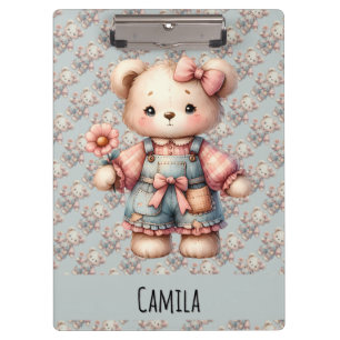 Pastel Teddy Bear Holding Flower Wearing Overalls Clipboard