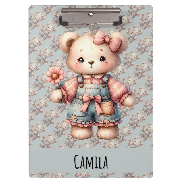 Pastel Teddy Bear Holding Flower Wearing Overalls Clipboard (Front)