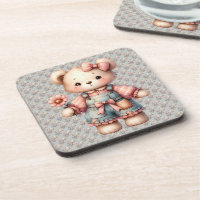 Pastel Teddy Bear Holding Flower Wearing Overalls