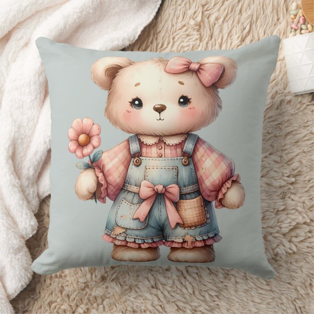 Pastel Teddy Bear Holding Flower Wearing Overalls Cushion (Blanket)