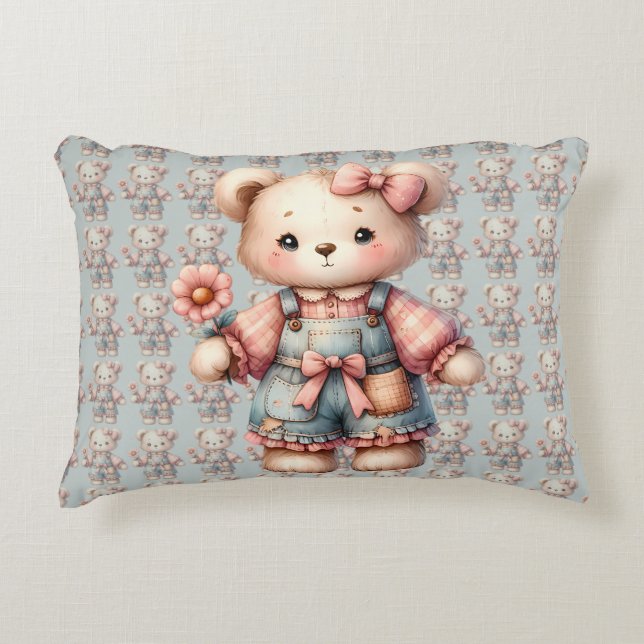 Pastel Teddy Bear Holding Flower Wearing Overalls Decorative Cushion (Front)