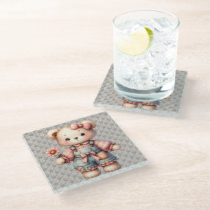 Pastel Teddy Bear Holding Flower Wearing Overalls Glass Coaster