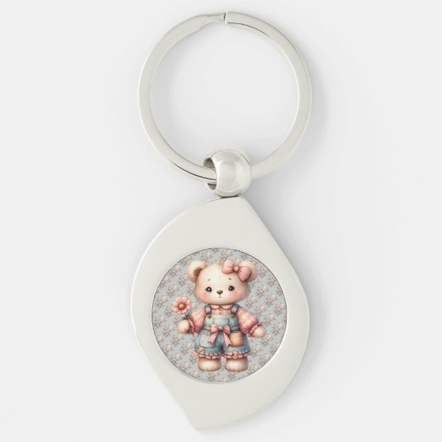 Pastel Teddy Bear Holding Flower Wearing Overalls Key Ring (Front)