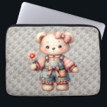 Pastel Teddy Bear Holding Flower Wearing Overalls Laptop Sleeve<br><div class="desc">This sweet pastel teddy bear design captures a heartwarming, storybook charm with its soft, textured brushwork and cosy vintage aesthetic. Dressed in distressed denim overalls adorned with a pink bow and gingham patchwork, the bear holds a delicate daisy-like flower, radiating innocence and gentle warmth. Large, glossy eyes and blushing cheeks...</div>