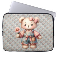 Pastel Teddy Bear Holding Flower Wearing Overalls