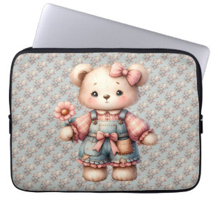 Pastel Teddy Bear Holding Flower Wearing Overalls Laptop Sleeve