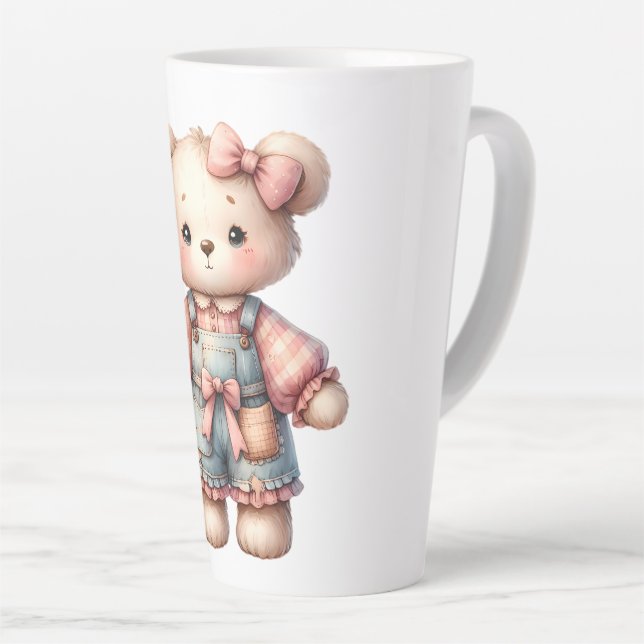 Pastel Teddy Bear Holding Flower Wearing Overalls Latte Mug (Right Angle)