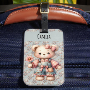 Pastel Teddy Bear Holding Flower Wearing Overalls Luggage Tag