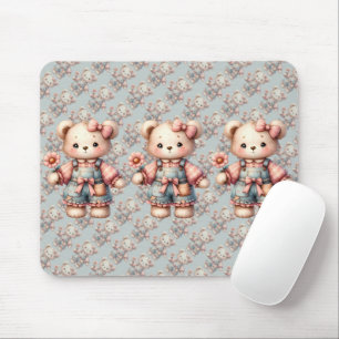 Pastel Teddy Bear Holding Flower Wearing Overalls Mouse Mat
