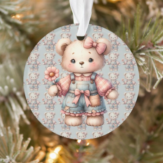 Pastel Teddy Bear Holding Flower Wearing Overalls Ornament (Tree)