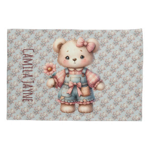 Pastel Teddy Bear Holding Flower Wearing Overalls Pillowcase