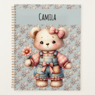 Pastel Teddy Bear Holding Flower Wearing Overalls Planner