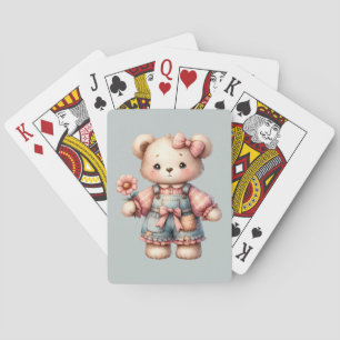 Pastel Teddy Bear Holding Flower Wearing Overalls Playing Cards