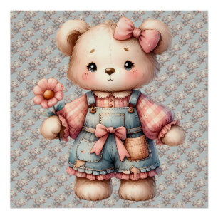 Pastel Teddy Bear Holding Flower Wearing Overalls Poster