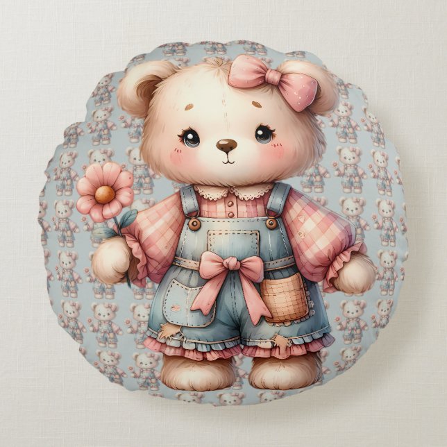 Pastel Teddy Bear Holding Flower Wearing Overalls Round Cushion (Front)