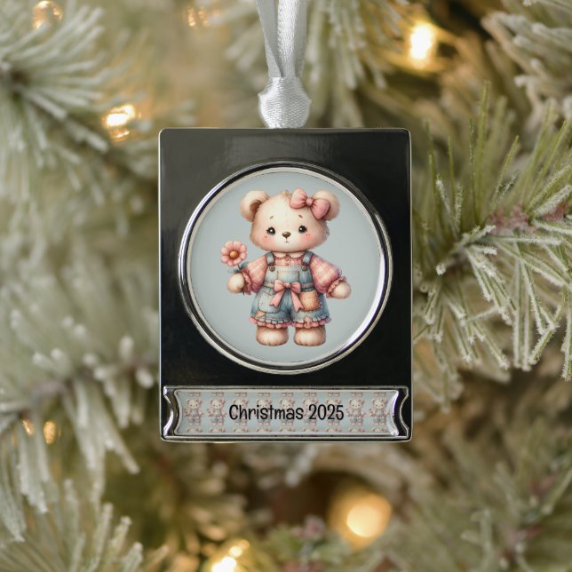 Pastel Teddy Bear Holding Flower Wearing Overalls Silver Plated Banner Ornament (Tree)