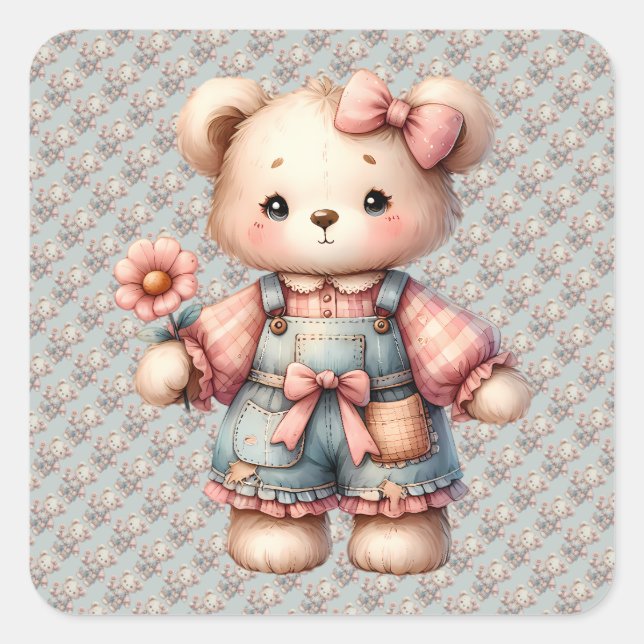 Pastel Teddy Bear Holding Flower Wearing Overalls Square Sticker (Front)