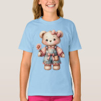 Pastel Teddy Bear Holding Flower Wearing Overalls
