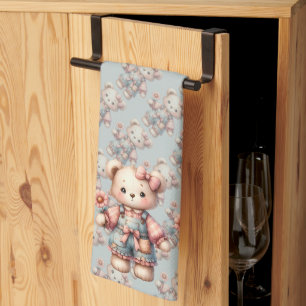 Pastel Teddy Bear Holding Flower Wearing Overalls Tea Towel