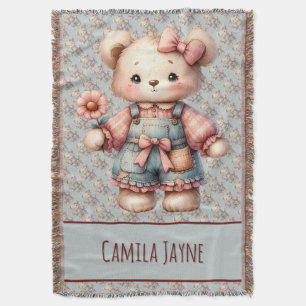Pastel Teddy Bear Holding Flower Wearing Overalls Throw Blanket